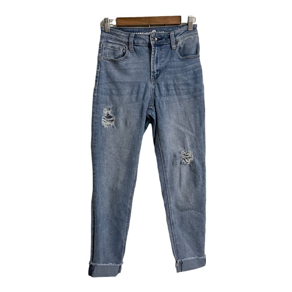 Max Studio Womens Medium Wash High Rise Distressed Cuff Cropped Tapered Jeans 6